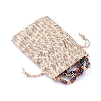 Stretch Bracelets Set, Stackable Bracelets, with Wood Beads and Non-Magnetic Synthetic Hematite Beads, Burlap Bags