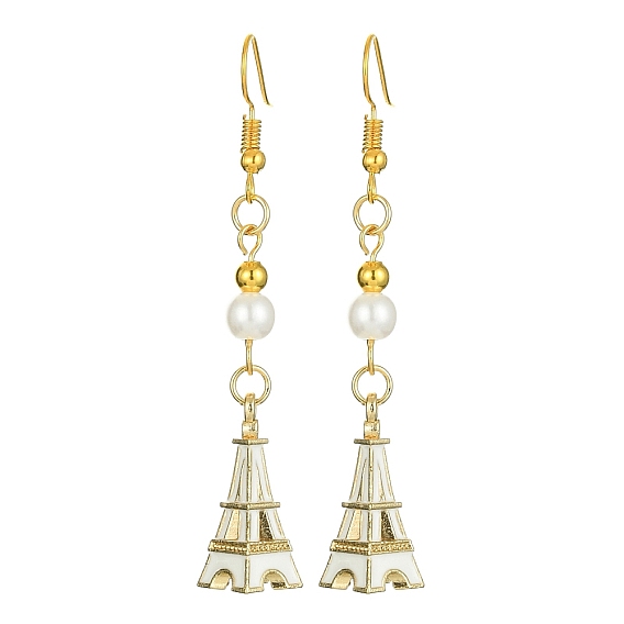 Pendientes colgantes de aleación de esmalte de la Torre Eiffel con cuentas de perlas de imitación, Pendientes largos dorados con pasadores de hierro.