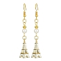 Pendientes colgantes de aleación de esmalte de la Torre Eiffel con cuentas de perlas de imitación, Pendientes largos dorados con pasadores de hierro.