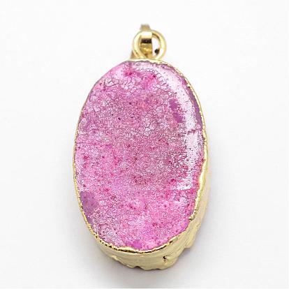 Electroplated Natural & Dyed Druzy Agate Pendants, with Golden Plated Brass Findings, Oval