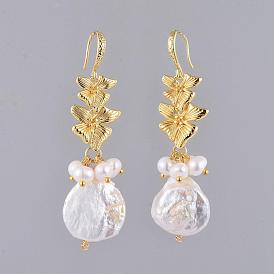 Natural Baroque Pearl Keshi Pearl Dangle Earrings, with Natural Pearl Beads, Brass Links and Earring Hooks, with Cardboard Packing Box, Flower