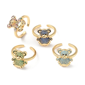 Cubic Zirconia Bear Open Cuff Rings, Real 18K Gold Plated Brass Jewelry for Women, Cadmium Free & Lead Free