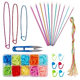 DIY Knit Kit, with Plastic DIY Weaving Tool Knitting Needle Caps, Aluminum Stitch Holder, Iron Scissors, Circular Knitting Needles, Afghan Aluminum Knitting Needles Set, Plastic Stitch Needle Clip