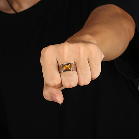 Rectangle Natural Tiger Eye Finger Ring, Alloy Jewelry