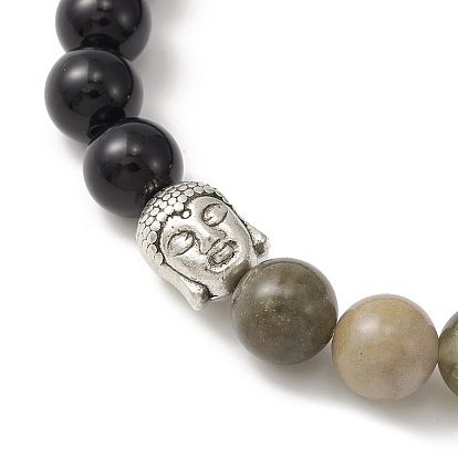 Bracelet extensible en agate indienne naturelle et onyx noir, bracelet de yoga tête de Bouddha en alliage