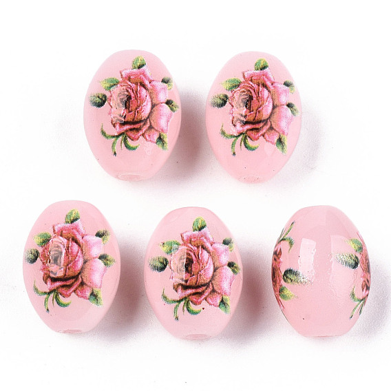 Printed & Spray Painted Imitation Jade Glass Beads, Oval with Floral Pattern