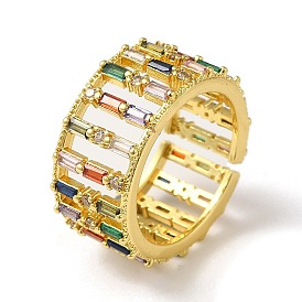Rack Plating Brass Micro Pave Colorful Cubic Zirconia Rectangle Open Cuff Ring, Hollow