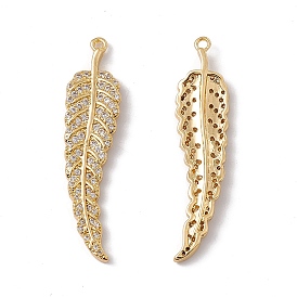 Brass Micro Pave Clear Cubic Zirconia Pendants, Feather Charm
