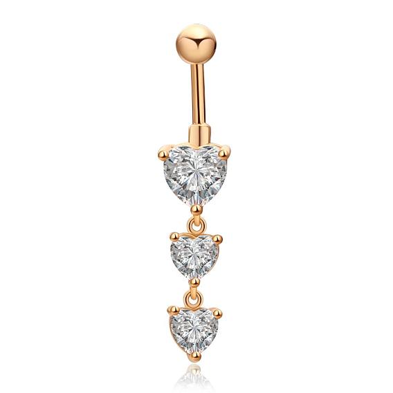 Real 18K Gold Plated Brass Cubic Zirconia Navel Ring Navel Ring Belly Rings, with 304 Stainless Steel Bar, 44x9mm
