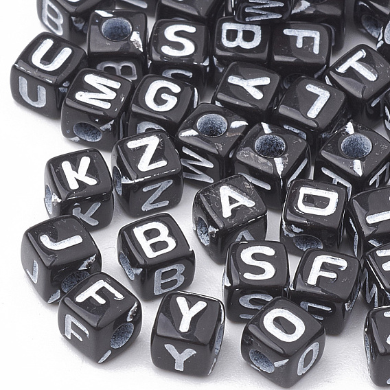 Perles acryliques opaques à trou horizontal, mélange de lettres, cube, noir et blanc