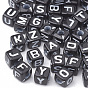 Opaque Horizontal Hole Acrylic Beads, Mixed Letters, Cube, Black & White