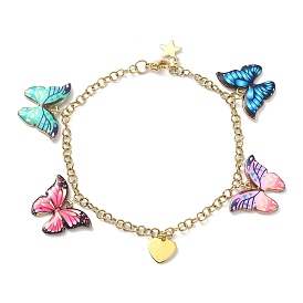 Enamel Butterfly & Alloy Heart Charm Bracelet with Ion Plating(IP) 304 Stainless Steel Chains