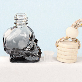 Skull Shape Glass Perfume Bottles Air Freshener Diffuser Bottle Hanging Ornament, with Wood Bead, for Car Rear View Mirror Decoration