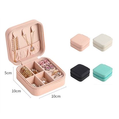 PU Leather Jewelry Box, Travel Portable Jewelry Case, Zipper Storage Boxes, for Necklaces, Rings, Earrings and Pendants, Square
