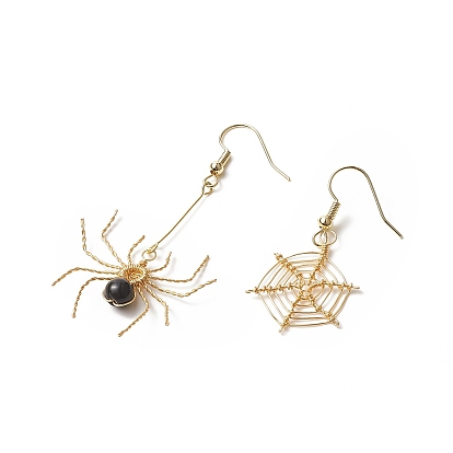Pierre naturelle Boucle d'oreille, bijoux en laiton pour femmes, araignée et toile d'araignée