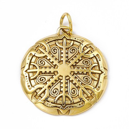 Ion Plating(IP) 304 Stainless Steel Manual Polishing Pendants, with Jump Rings, Flat Round with Vegvisir Charm