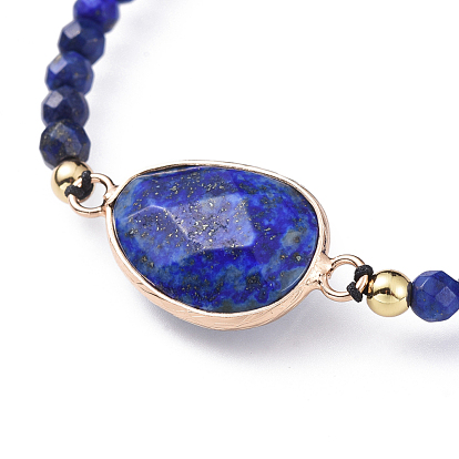 Bracelets de perle tressés de pierres précieuses naturelles réglables, avec les accessoires en laiton, facette