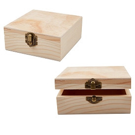 Unfinished Pine Wood Jewelry Box, DIY Storage Chest Treasure Case, with with Locking Clasps, Square