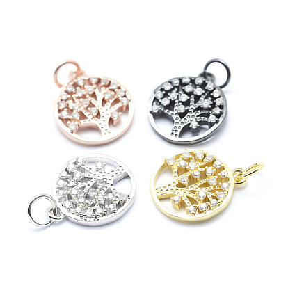 Brass Micro Pave Cubic Zirconia Charms, Flat Round with Tree of Life