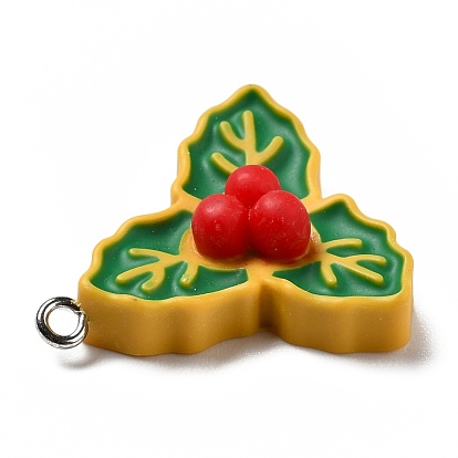 Opaque Resin Pendants, with Platinum Tone Iron Loops, Christmas Theme, Fruit with Leaves
