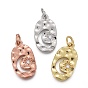 Hammered Brass Micro Pave Clear Cubic Zirconia Pendants, with Jump Rings, Long-Lasting Plated, Oval with Star & Moon
