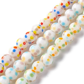 Handmade Lampwork Beads Strands, Round with Polka Dot Pattern