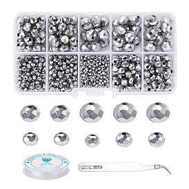 710Pcs Electroplate Transparent Glass Beads Strands, Rondelle, 410 Stainless Steel Pointed Tweezers and Elastic Crystal Thread