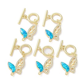 Rack Plating Brass Micro Pave Cubic Zirconia Toggle Clasps, with Synthetic Opal, Cadmium Free & Lead Free, Long-Lasting Plated, Real 18K Gold Plated, Butterfly