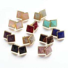 Gemstone Ear Studs, with Brass Findings, Golden, Square