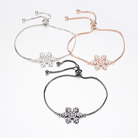 Bracelets réglables en laiton à micro-pavé de zircons cubiques, bracelets de slider, avec des chaînes de boîte en laiton, flocon de neige
