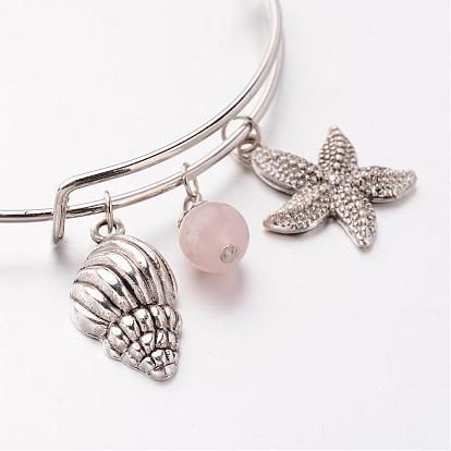 Bracelets de charme de fer réglable, avec des perles rondes de pierres précieuses et des pendentifs en alliage, étoile de mer / étoiles de mer et buccin, 67mm