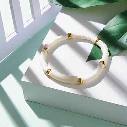 Curved Tube Acrylic Beads Stretch Bracelet for Teen Girl Women, Disc Polymer Clay Beads Bracelet, Golden