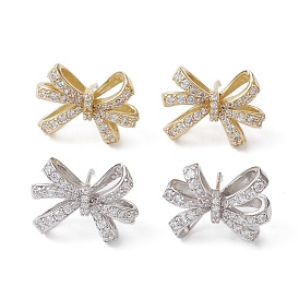 Bowknot Brass Stud Earrings, with Clear Cubic Zirconia, Long-Lasting Plated, Lead Free & Cadmium Free