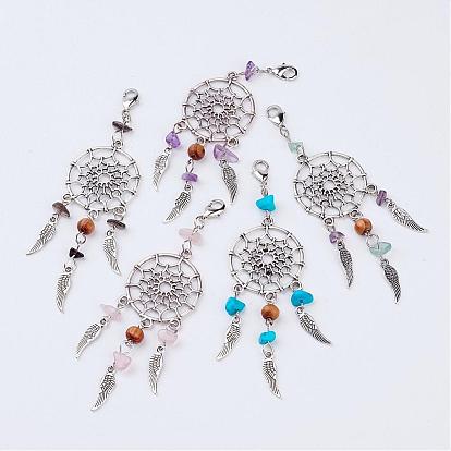Alloy Pendants, Woven Net/Web with Feather, with Gemstone Beads and Brass Lobster Claw Clasps, Antique Silver and Platinum