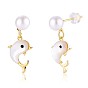 Natural Pearl with White Shell Dolphin Dangle Stud Earring, Brass Jewelry for Women