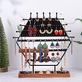 Hexagon Iron Jewelry Storage Rack with Wood Tray, Jewelry Organizer Holder Jewelry Tower for Bracelet, Necklace, Earrings, Cosmetics Storage