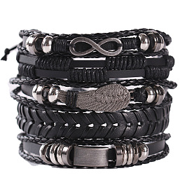 8-shaped Alloy Wing Set with 5 Leather Bracelets for Men and Women Jewelry