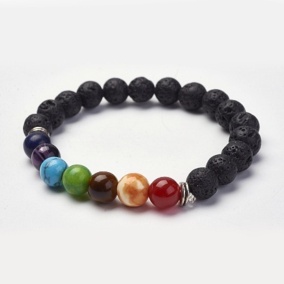 Yoga chakra bijoux, bracelets extensibles en pierre de lave naturelle, avec pierres précieuses et perles en alliage, ronde