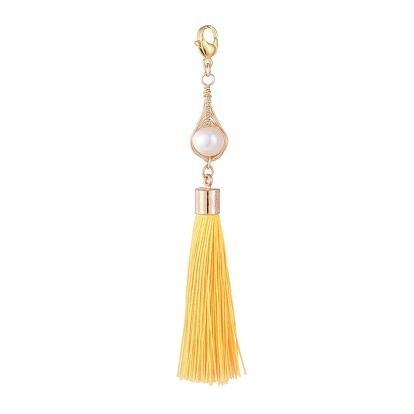 Polyester Tassel Big Pendants, with Natural Cultured Freshwater Pearl and 304 Stainless Steel Lobster Claw Clasps