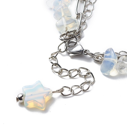 Star Opalite Beads Multi-strand Bracelets, 304 Stainless Steel Paperclip Chains & Brass Curb Chains Bracelets for Women