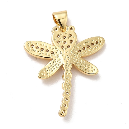 Brass Micro Pave Cubic Zirconia Pendants, with Plastic Imitation Pearl Bead, Long-Lasting Plated, Real 18K Gold Plated, Dragonfly