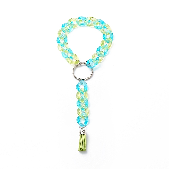 Bracelet porte-clés chaîne gourmette acrylique bracelet porte-clés, avec pompon en faux suède, pour femmes et filles
