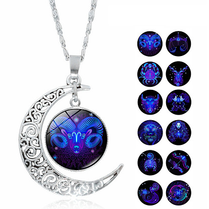 Zodiac Gemstone Moon Glass Pendant Necklace for 12 Horoscope Signs - European Style Jewelry