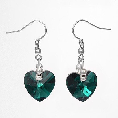 Heart Glass Dangle Earrings, with Silver Plated Iron Beads & Platinum Tone Brass Findings, 36mm, Pin: 0.8mm