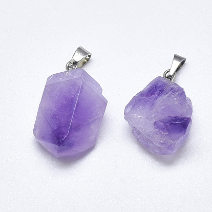 Natural Amethyst Pendants, with Stainless Steel Snap On Bails, Nuggets, Stainless Steel Color