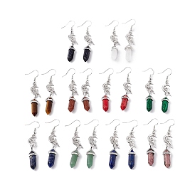 Gemstone Bullet with Moon Fairy Dangle Earrings, Platinum Brass Long Drop Earrings for Women, Cadmium Free & Lead Free