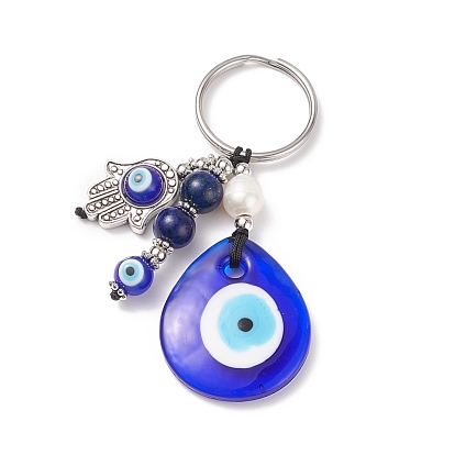 Natural Lapis Lazuli & Freshwater Pearl Bead Keychain, Evil Eye Keychain, with 304 Stainless Steel Findings