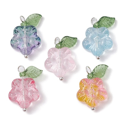 Transparent Glass Flower & Acrylic Leaf Pendants, with Brass Loops, Mixed Color