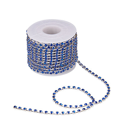 Brass Rhinestone Strass Chains, with Spool, Rhinestone Cup Chain, Grade A, Silver Color Plated
