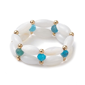 Natural Apatite & Shell Rice Beaded Stretch Ring, Triple Lines Finger Ring